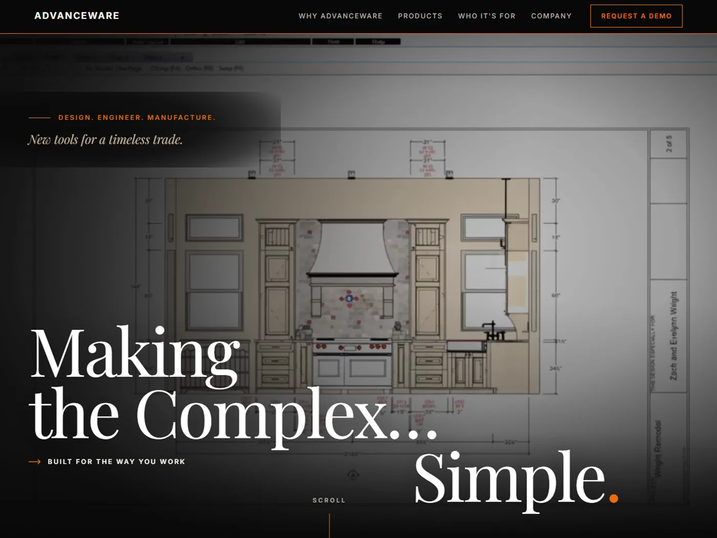 AdvanceWare website — a bold, dark editorial homepage for cabinet-manufacturing software