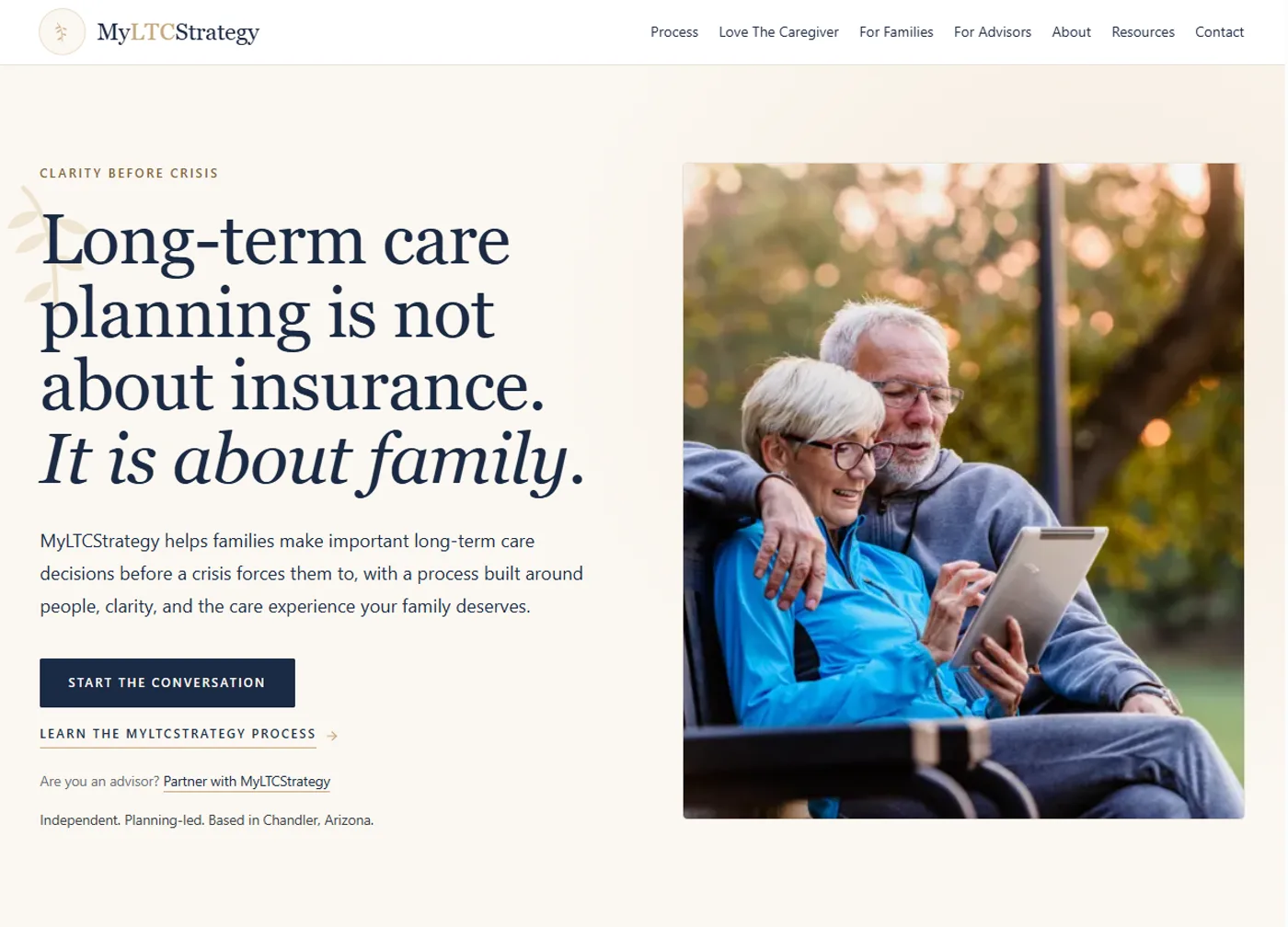 MyLTCStrategy website — a calm, family-focused long-term-care planning homepage