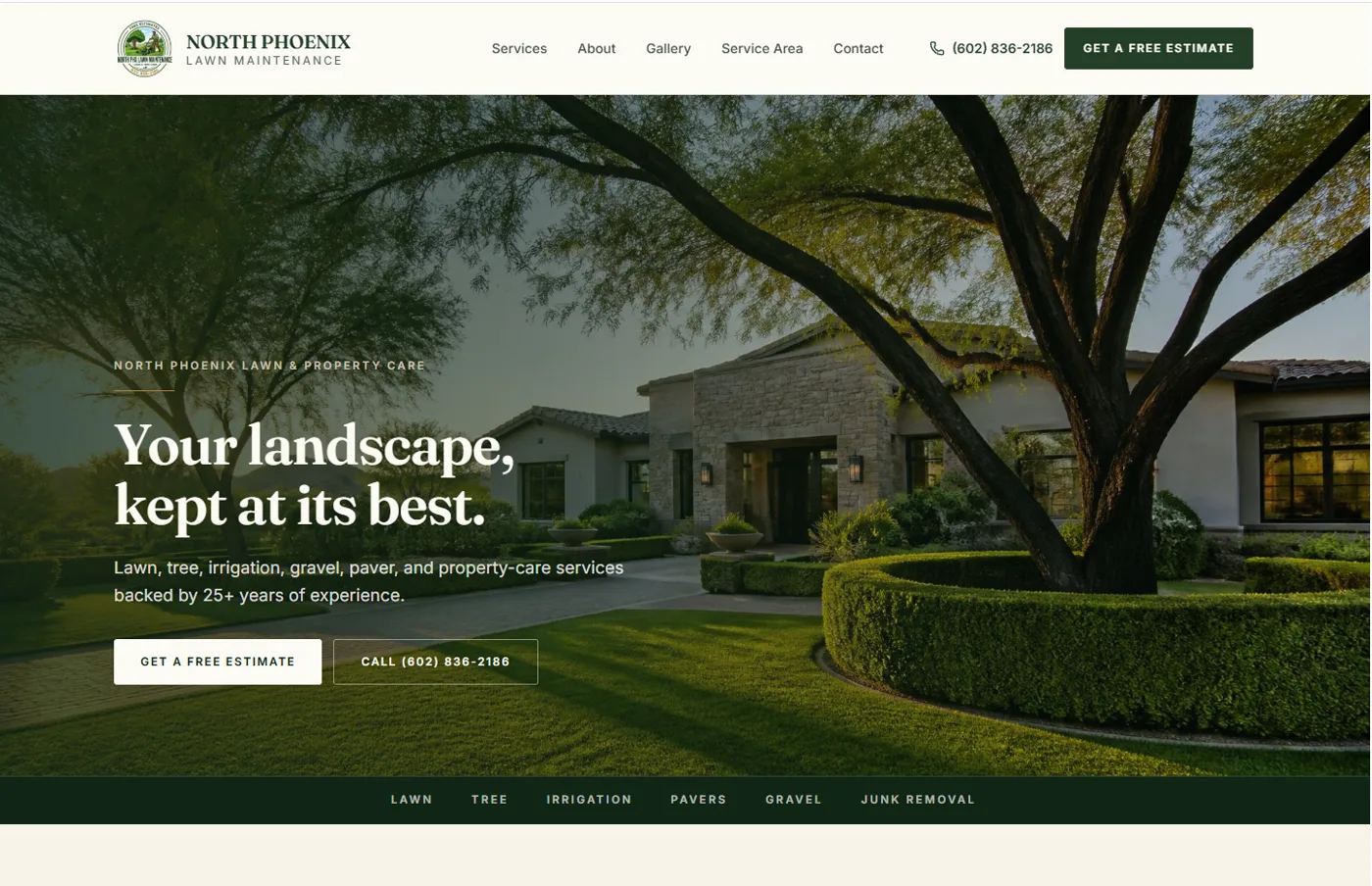 North Phoenix Lawn Maintenance website — a lush hero photo of a manicured desert landscape with a clear estimate call-to-action